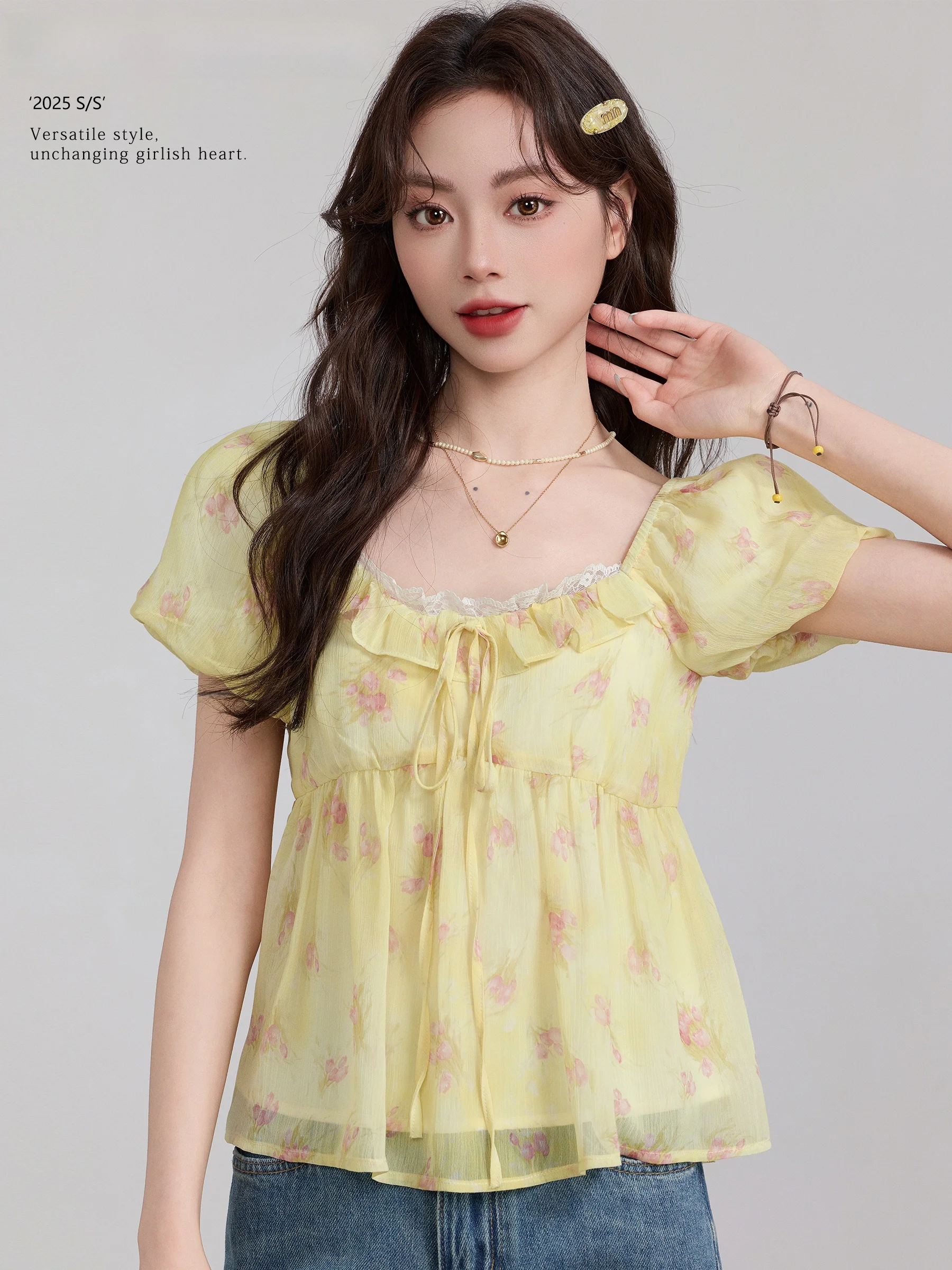 

Lingjiu Floral Print ort Sve irt Square Collar Chiffon Bubble Sve Top Ele Casual Women's Faion Spring Summer