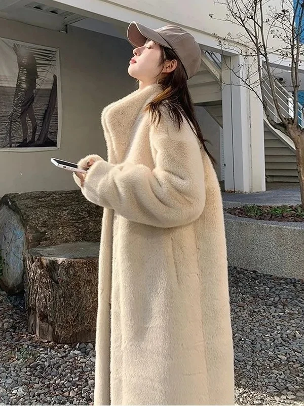 Casaco Feminino de Pele Ecológica de Coelho Aquático com Gola Longa, Veludo de Mink, Quente, Cor Pura, Casual