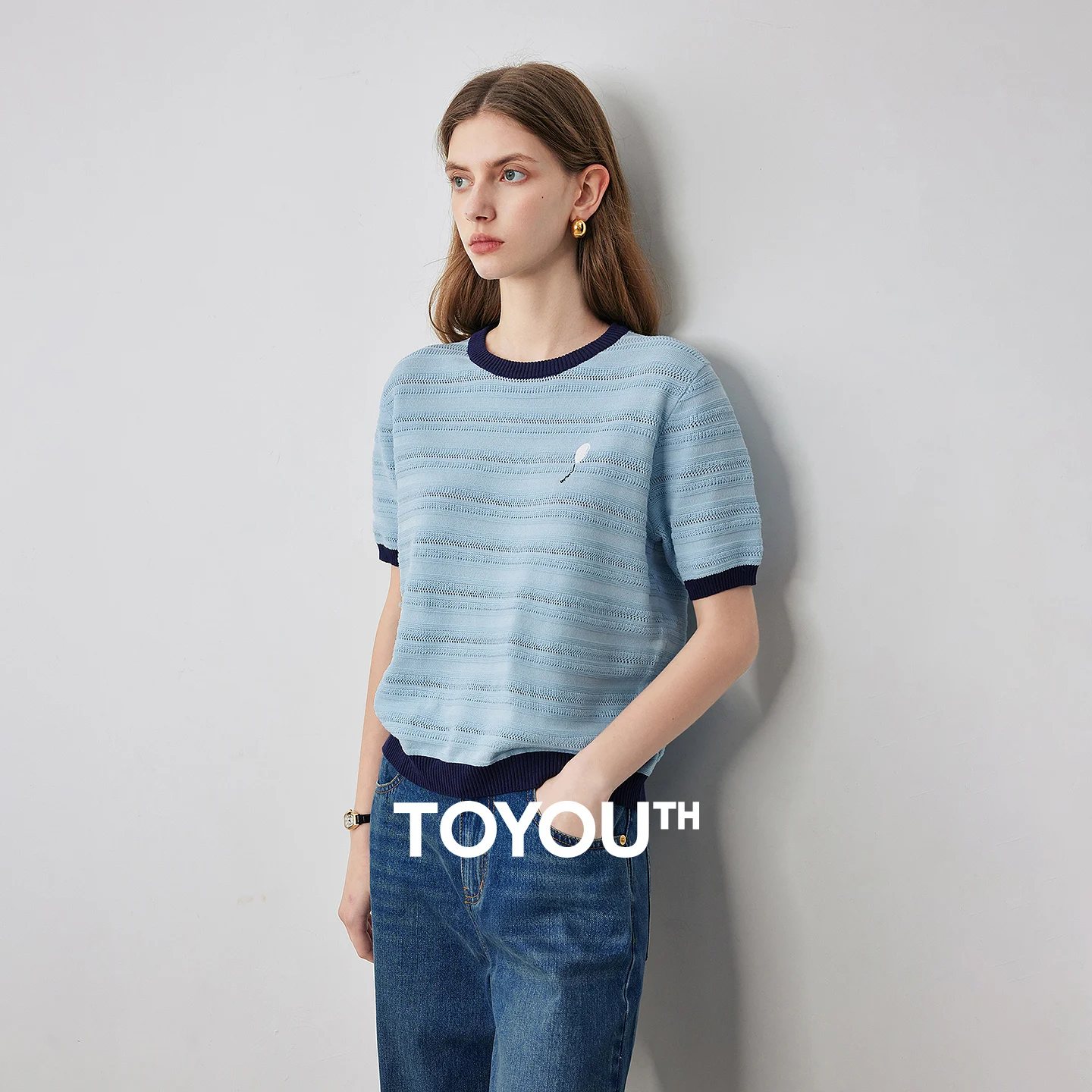 TOYOUTH Women Knitwear 2026 Summer New Color Block Crew Neck Ice Silk Hollow Out Texture Tops