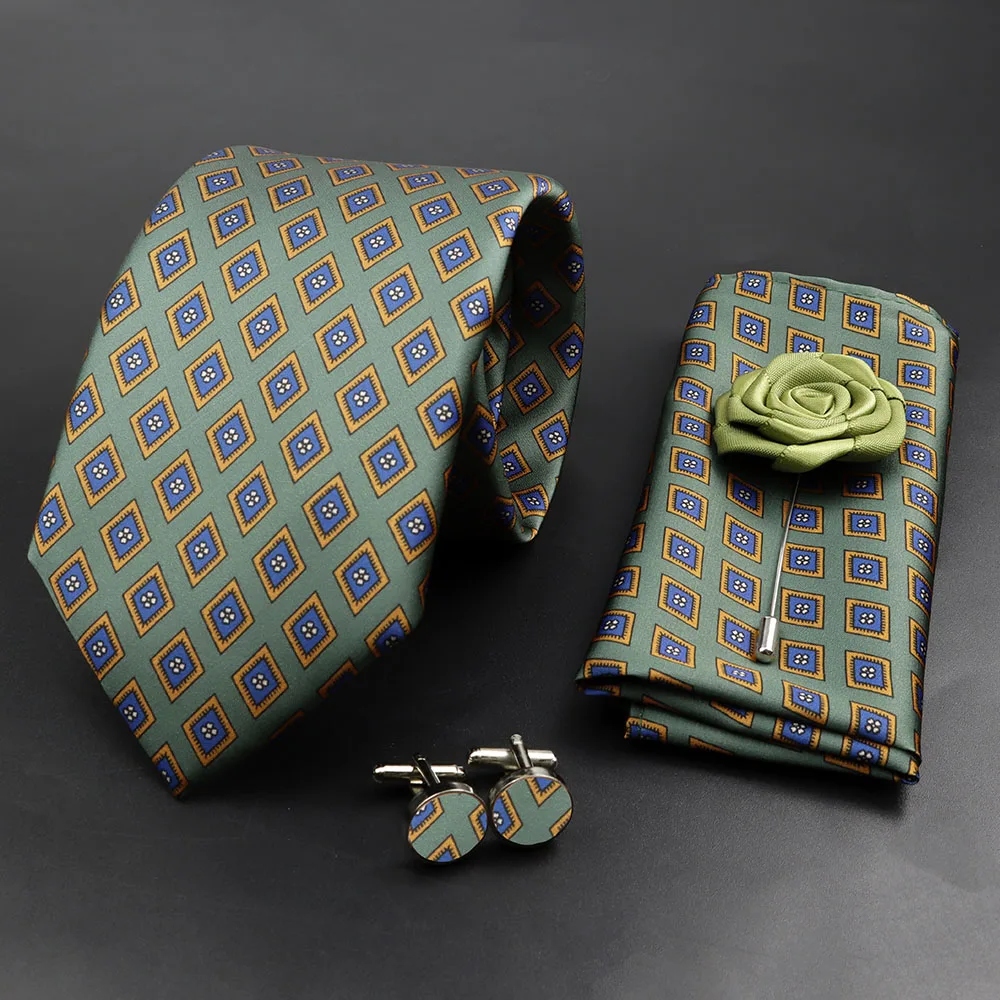 Men's Fashion 7.5cm Soft Silk Tie Set With Pocket Square Cufflinks Boutonniere Blue Green Orange Dot Floral Necktie For Wedding