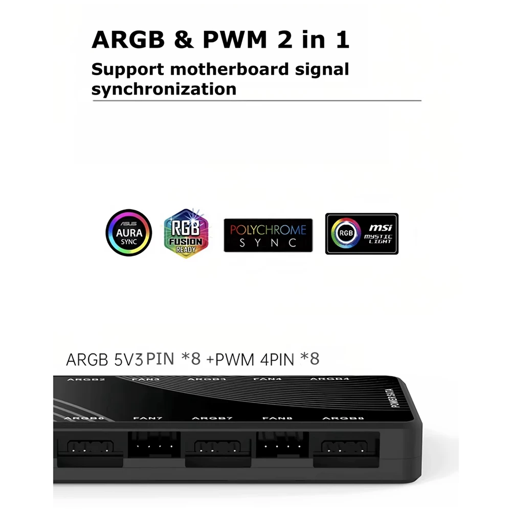 

#792S Chassis Fan Light Controller 2 in 1 PWM + ARGB Hub Dual Eight-Way Splitter 8-Port Hub (Black)