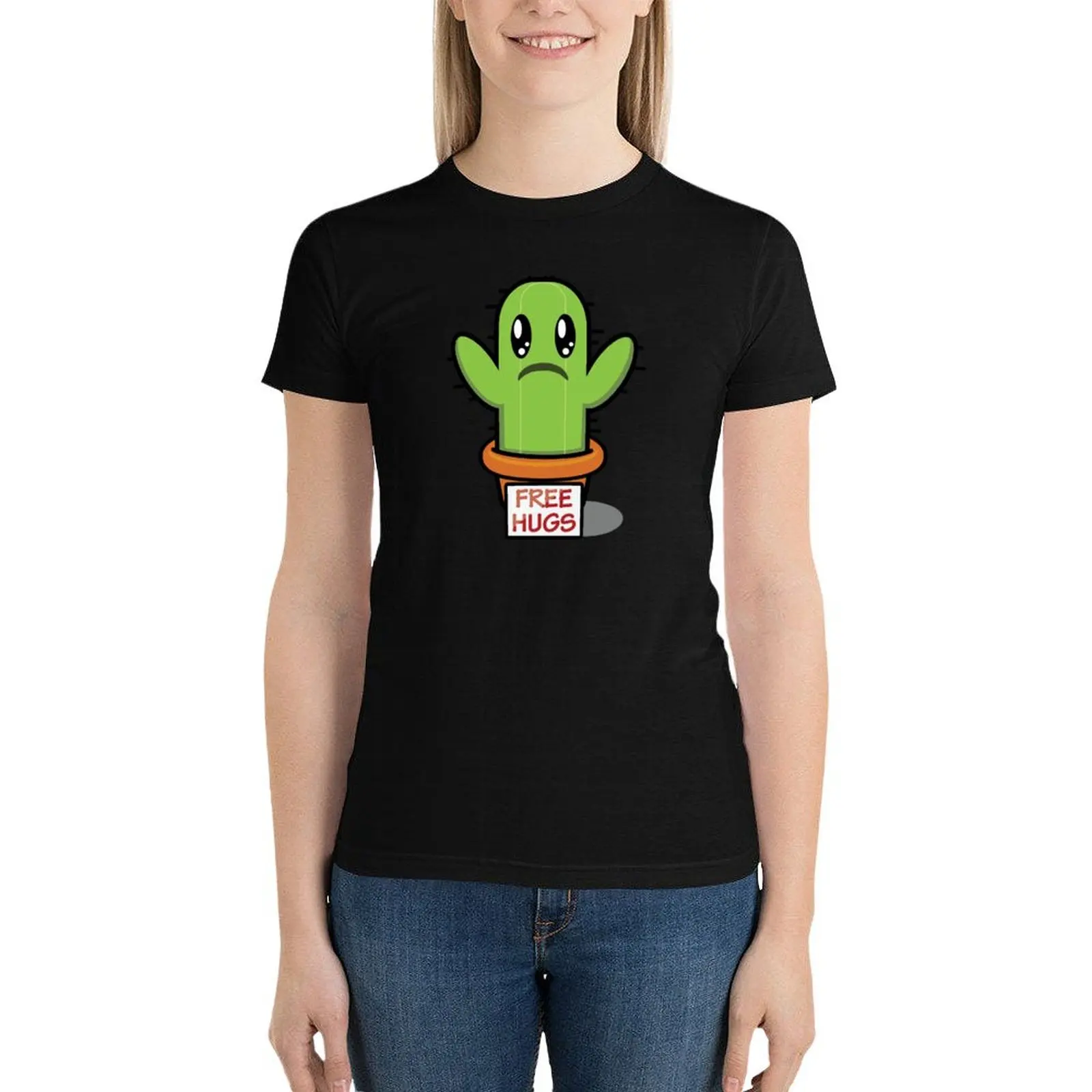 Camiseta de cactus triste para mujer, ropa de anime, blusa lisa, Free hugs