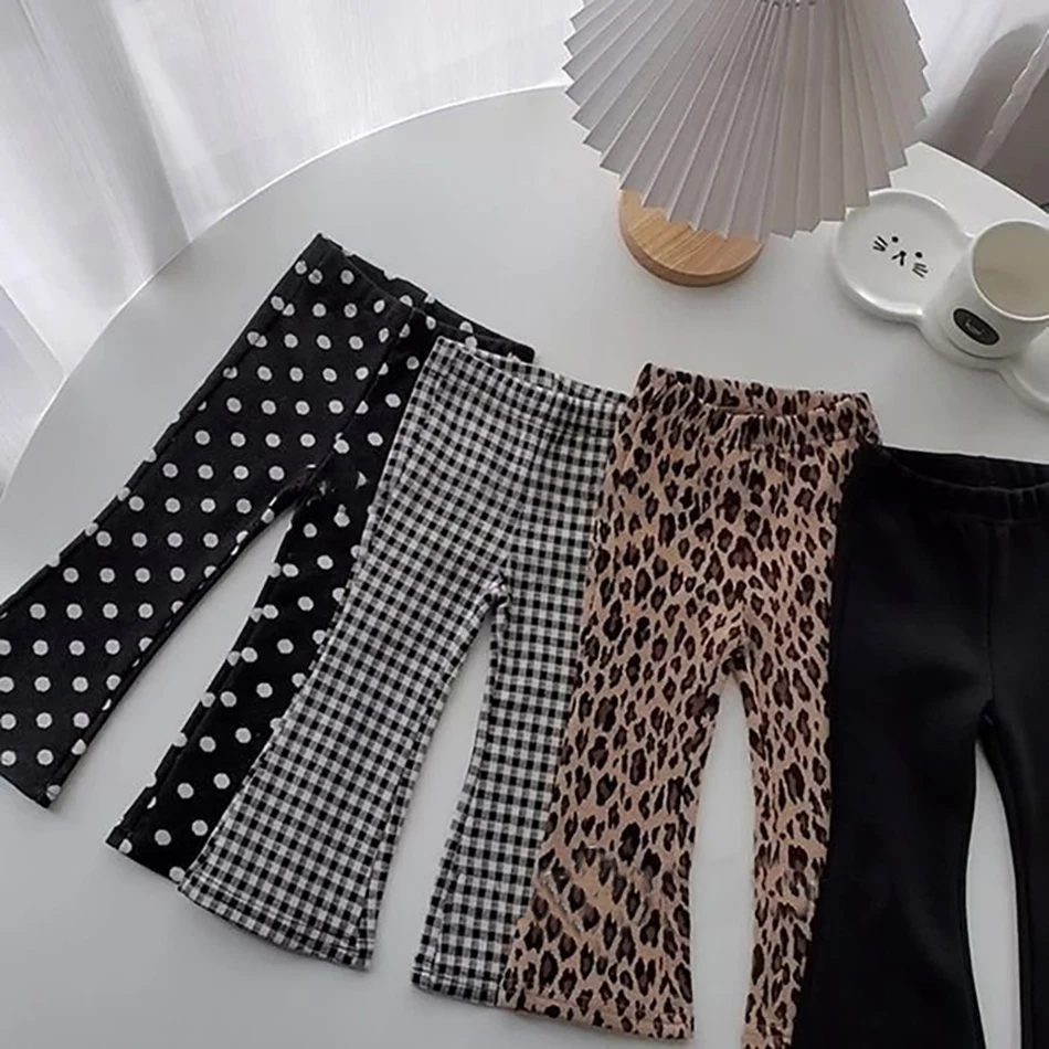 Autumn Winter Kidswear Girls Flared Pants Cute Plaid Polka Dot Leopard Print Design Stylish Warm and Soft Children Long Trousers