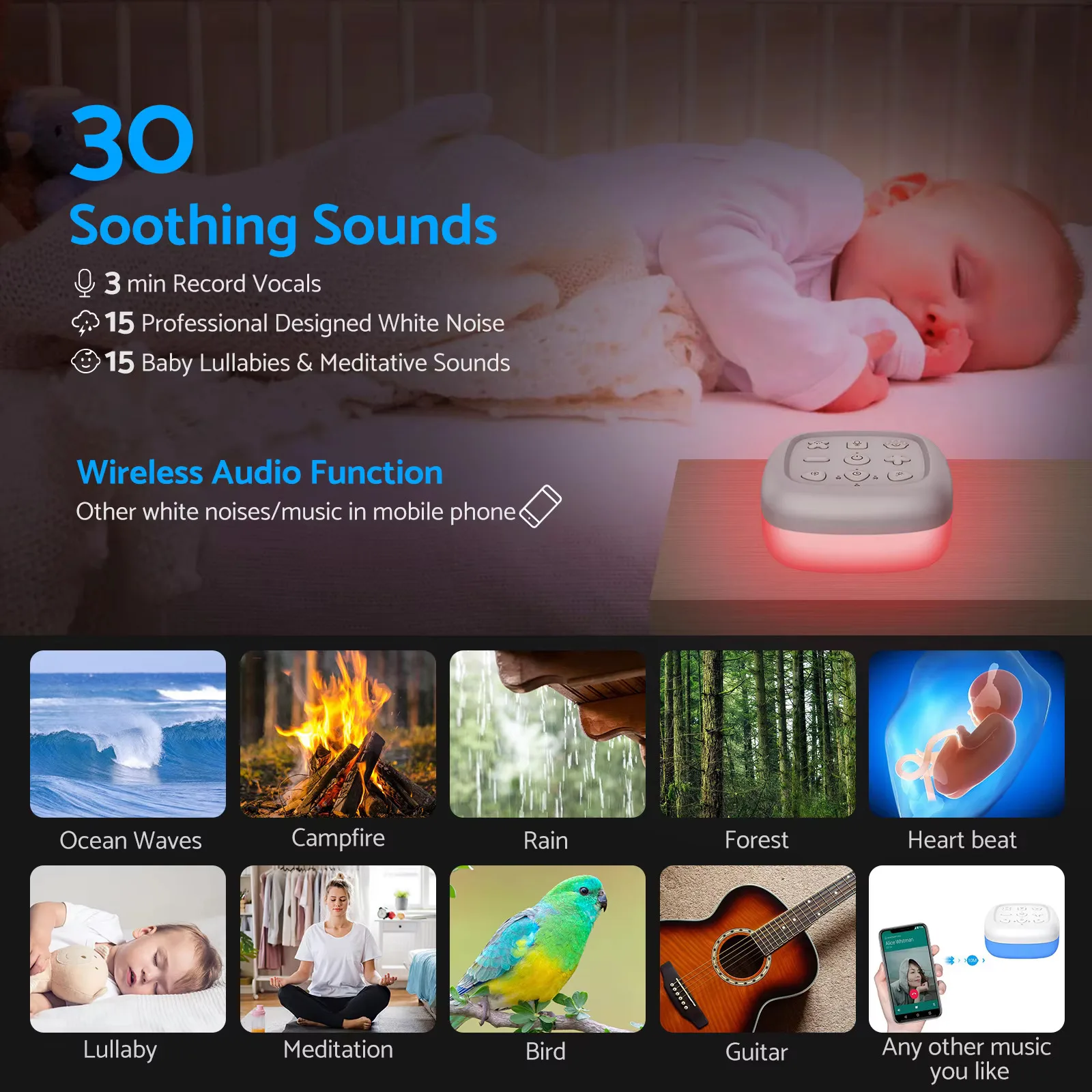 Portable White Noise Machine Baby with 30 Sleep Sounds 7 Colour Baby Night Light Volume Adjustment with Recording Function