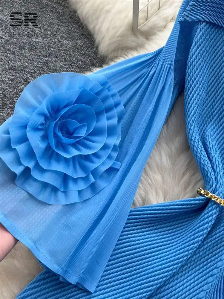 

BabYoung High Quality Tassels Long Lapel Neck 3D Flower Flare Sleeves Metal Waist Chain Women Vintage Senior Loose Dress