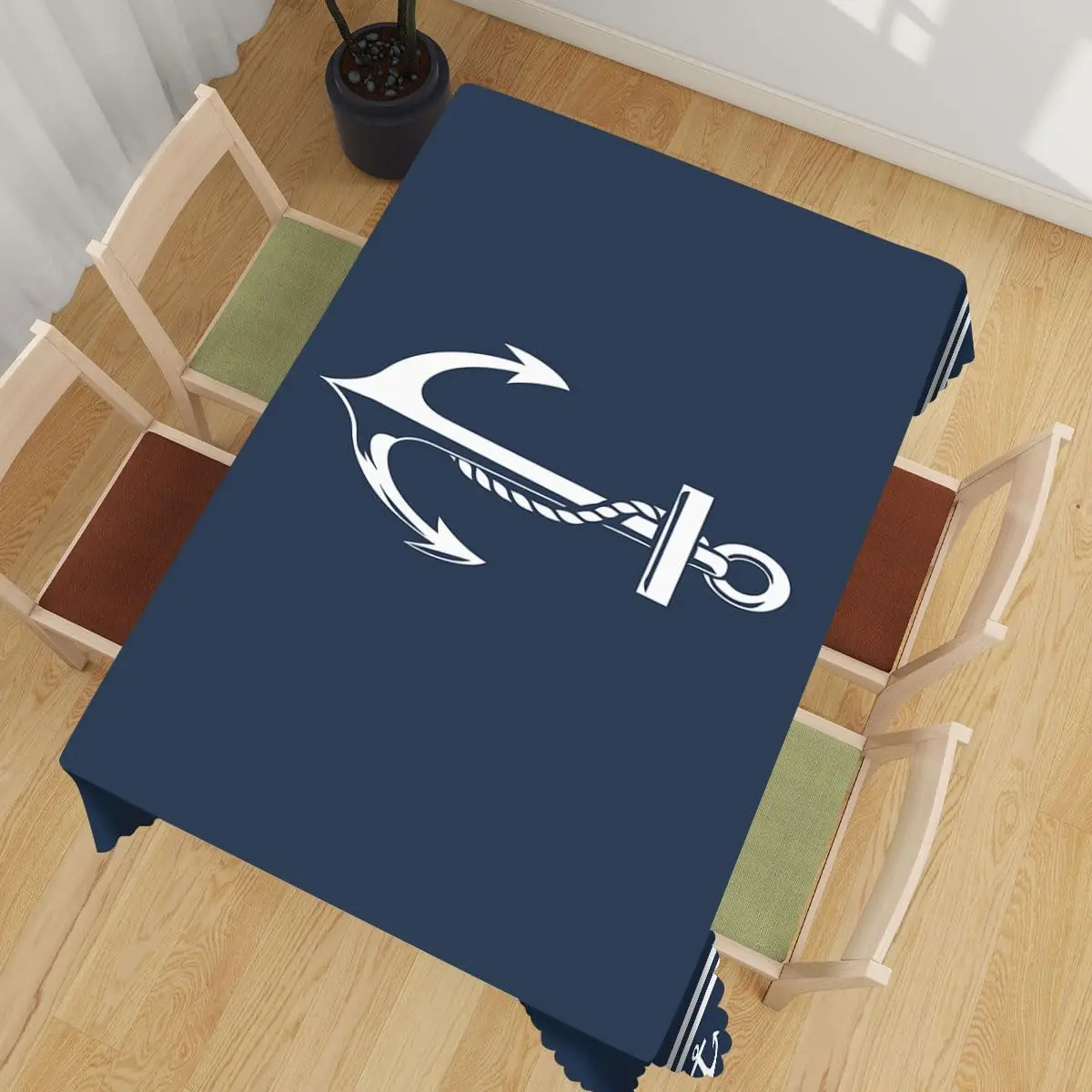 Nautical Anchor Sailing Tablecloth, Premium Dark Navy Blue Ocean Theme Table Cover for Coastal Kitchen Picnic Dining