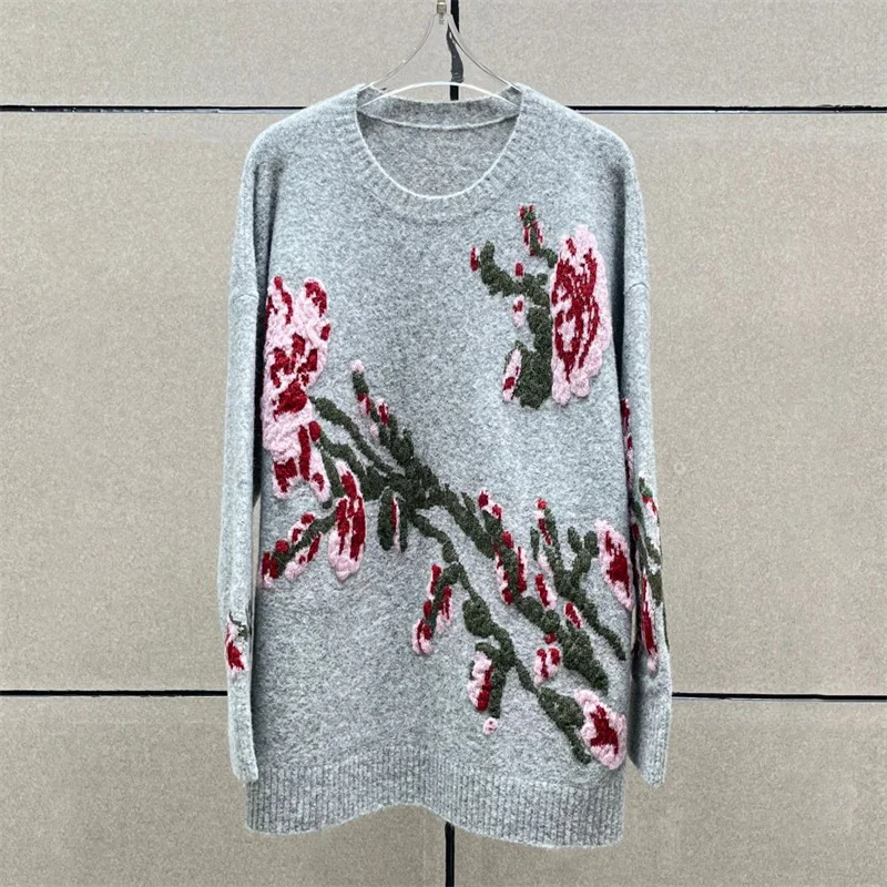 เสื้อกันหนาวผู้หญิงใหม่ถักยืดหยุ่นSlim FitรอบคอPulloverสําหรับฤดูร้อน 2025 Roseปักเสื้อแขนยาวเสื้อถัก