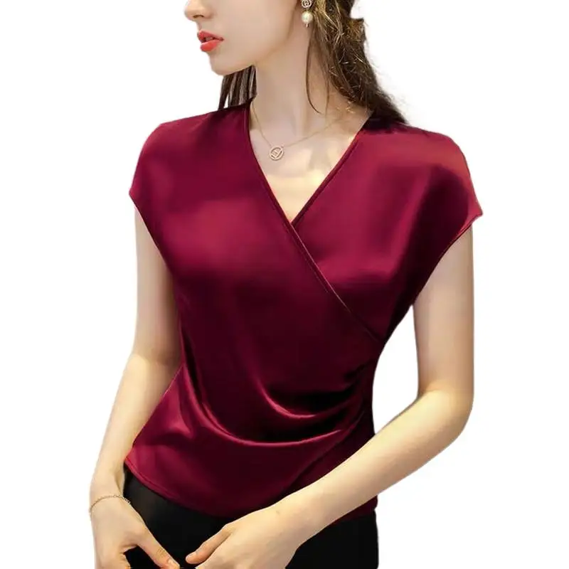 2024 Women White Red Black sexy V-Neck Acetate satin Blouses Fashion elegant office lady Chiffon Shirts tops silk Satin Blusas