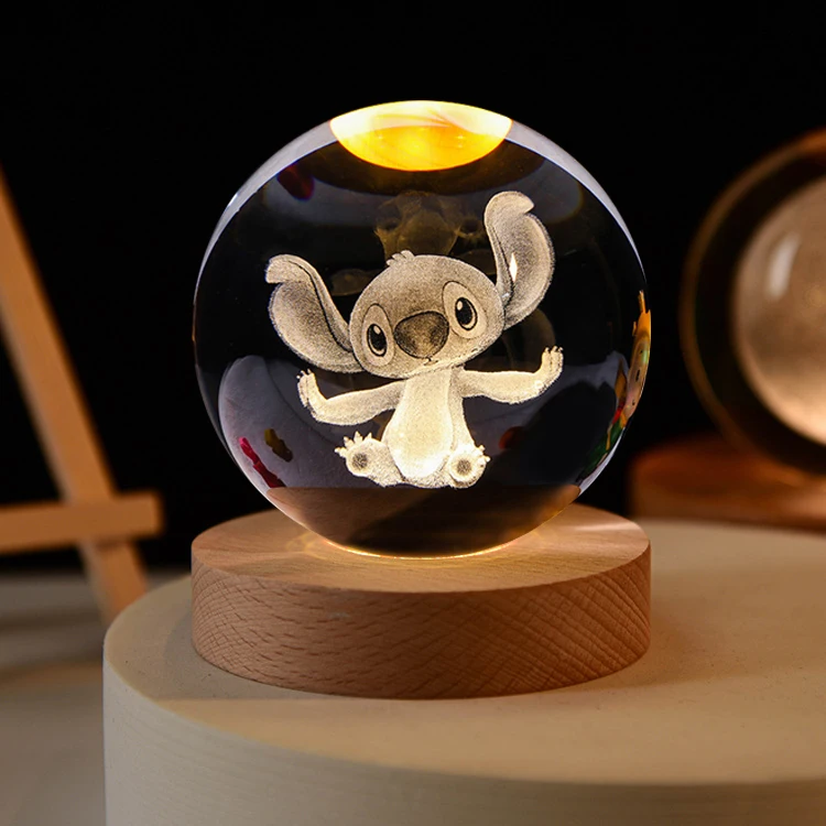 5 ซม.Lilo และ Stitch Disney ที่ไม่ซ้ํากัน 3D คริสตัลบอลโคมไฟ LED Luminous Crystal Ball Glass Night Light เด็กของขวัญวันเกิดของเล่น