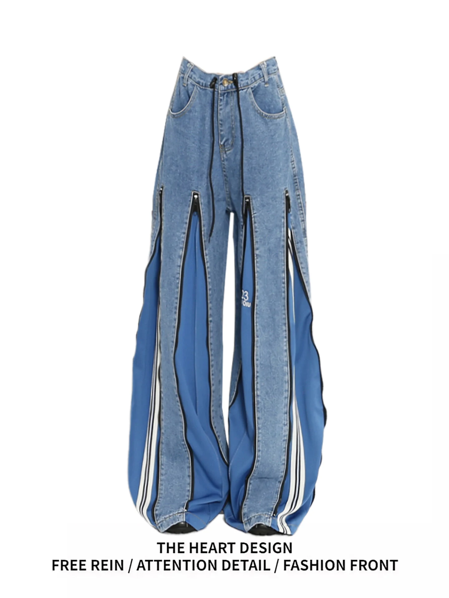 

American Retro High Waist Loose Fit Zipper Denim Pants Women's Autumn Faion Color Blo Contrast Wide Leg Jeans Design