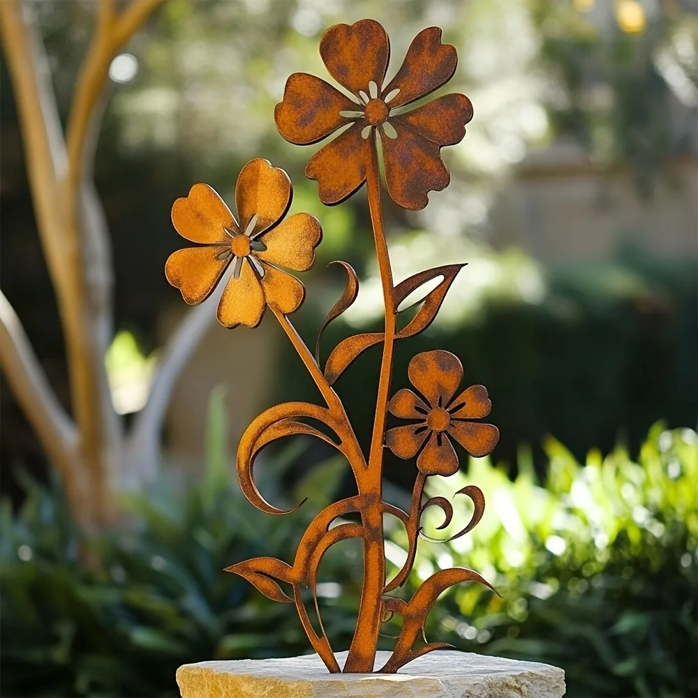 Rustic Metal Flower Garden Stake Corten Steel Yard Art Decor Rusty Flowers Garden Stakes for Lawn Patio Outdoor Landscaping