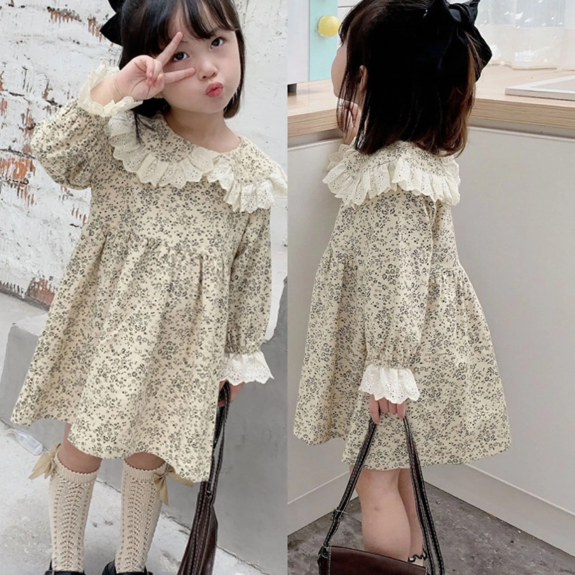 

Korean Style New Spring Summer Clothes for Kids Flower Print Girl Princess Dress Loose Long Sleeve Cotton Baby Clothing