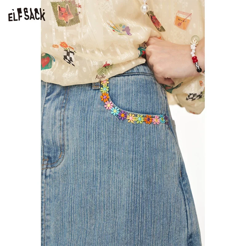 ELFSACK Denim Mini Shorts with Colorful Floral EmbroideryCasual High Waist Jeans for SummerChic Everyday Bottom