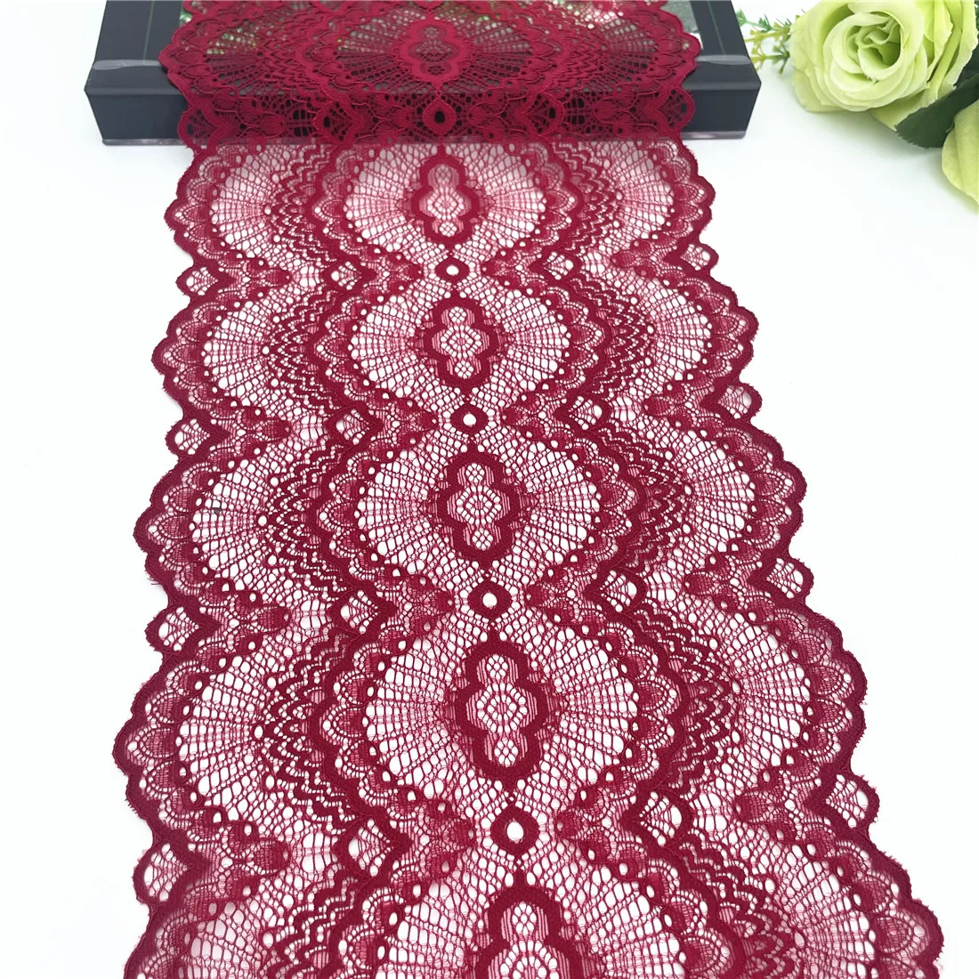 3y/lot Width 20.50cm Dark Red Elastic Stretch Lace Trims For Clothing Accessories Dress Sewing Applique Costume Lace Fabrics