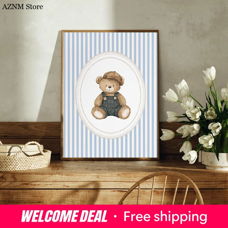 （2D Tin painting）Vintage Hot Air Balloon Baby Sheep Cow Teddy Bear Plane Poster Canvas Painting Print Wall Art Sage Green for