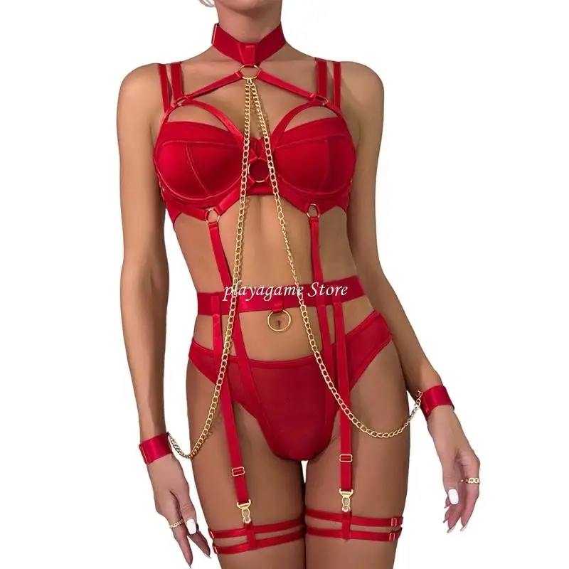 

Y88A Womens Mesh Lingeries Exotic Garter Belt Set O Rings Choker Bra and Panty Set