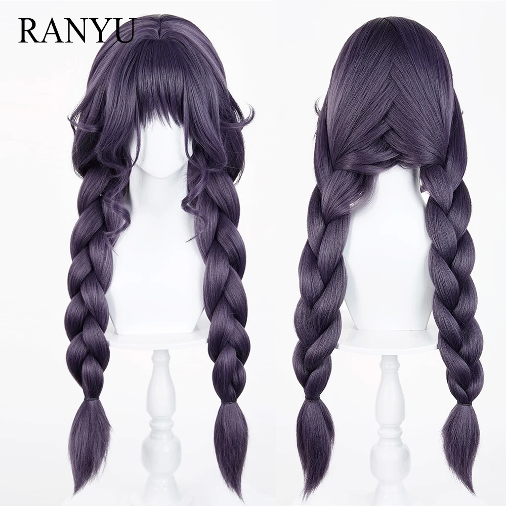 

Длинные прямые двойные плетеные синтетические фиолетово-серые парики с челкой, аниме-игра, косплей, пушистый термостойкий парик для повседневной вечеринки