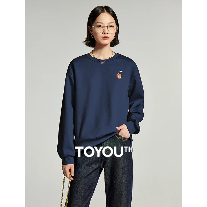 Toyouth Women Fleece Sweatshirts 2023 Winter Long Sleeve Round Neck Loose Hoodies Cartoon House Embroidery Casual Warm Pullover