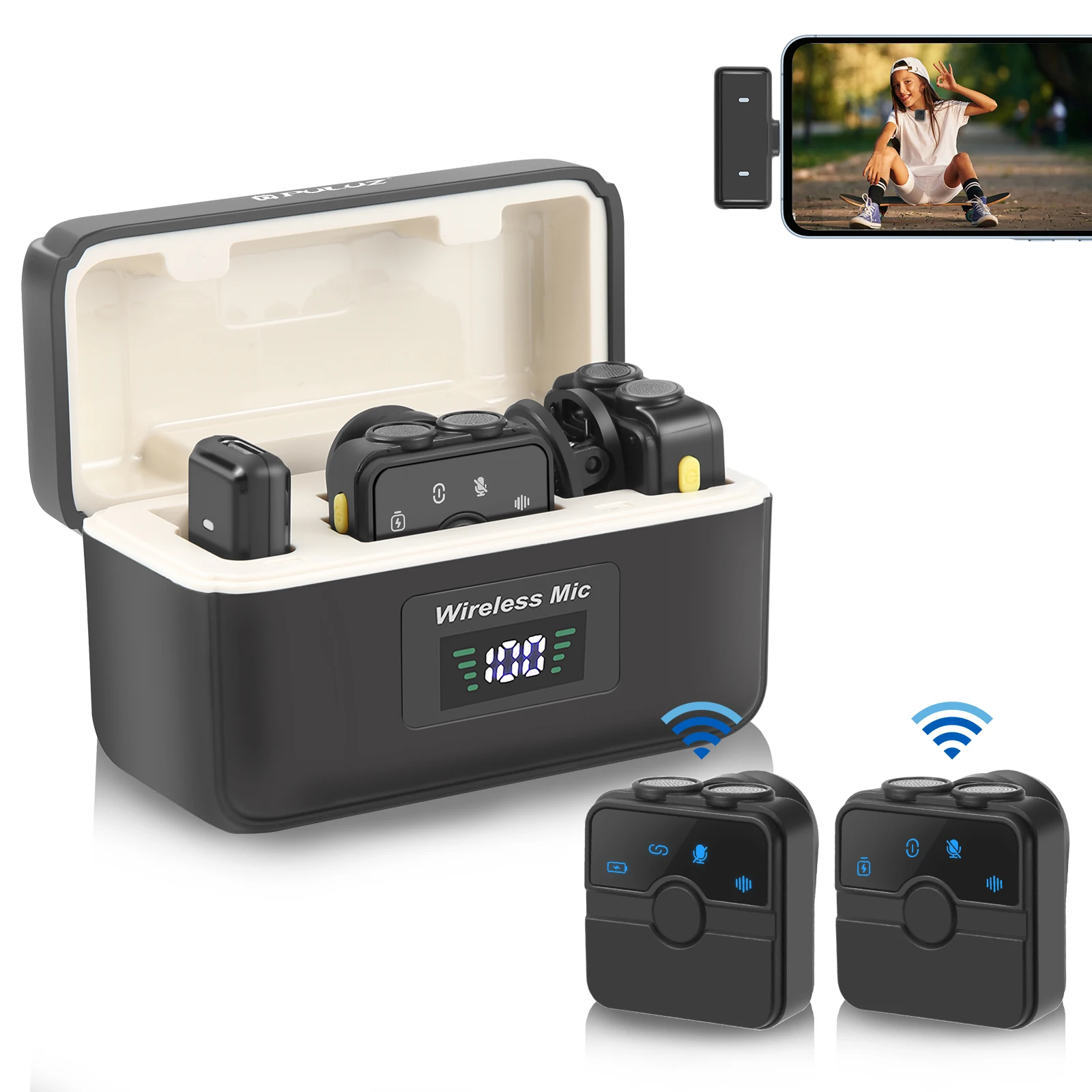 

PULUZ Wireless Microphone With Charging Case For IPhone/Android Mini Wireless Tie Microphone Low Latency Plug and Play For Vlog