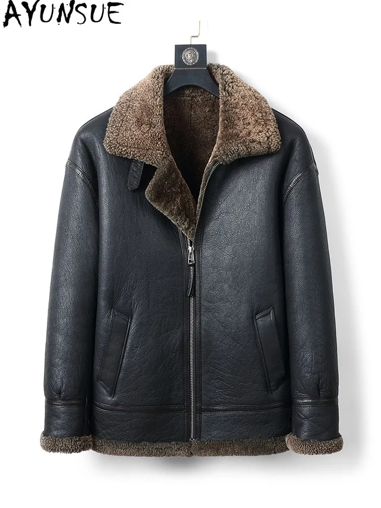 AYUNSUE Luxury 100% Natural Fur Coat Men Winter Warm Real Sheepskin Shearling Jacket Man Clothing Genuine Fur Coats Motorcycle