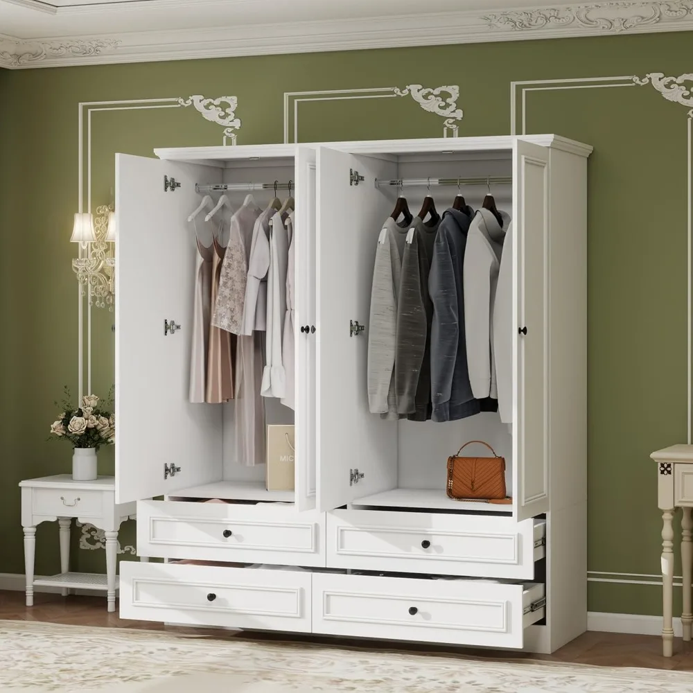 خزانة ملابس خشبية ذات سعة كبيرة مع 4 أبواب وقضبان تعليق و4 أدراج ومرآة ورفوف لتخزين أقصى قدر من الأورجا