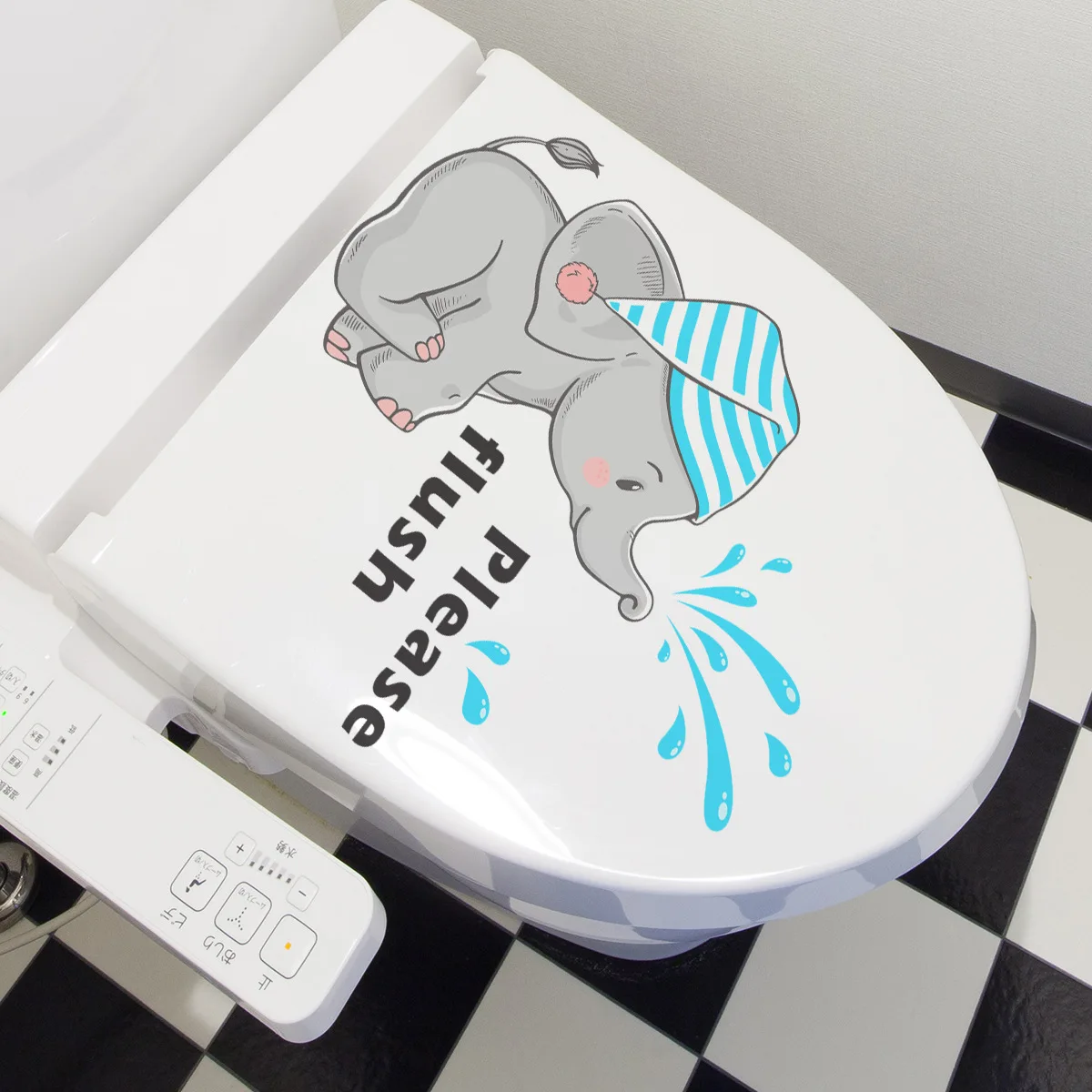 Cartoon Baby Elephant Please Flush Wall Sticker Bathroom Toilet Decor Decals Self-adhesive Room Home Decoration