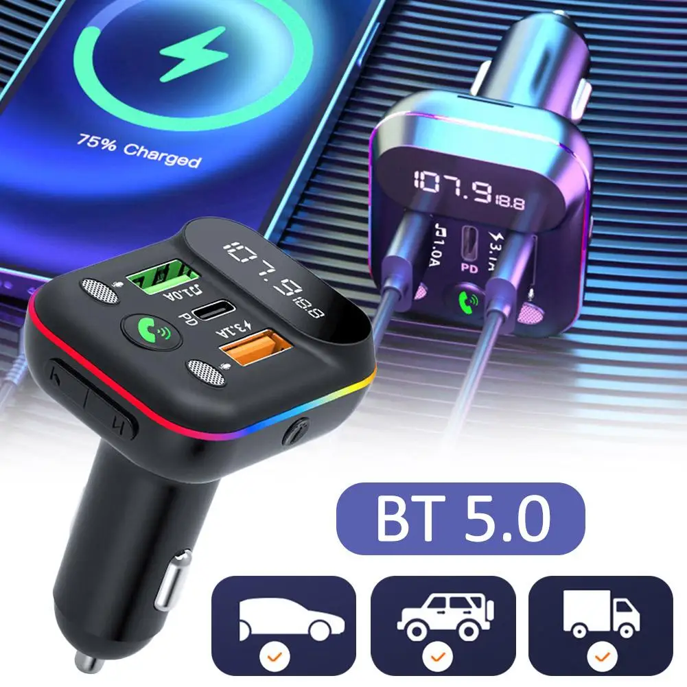 

Car Bluetooth 5.0 FM Transmitter Type-C Dual USB 3.0A Accessroies LED Car Backlit Player Light Fast 1A MP3 Atmosphere Charg R4E7