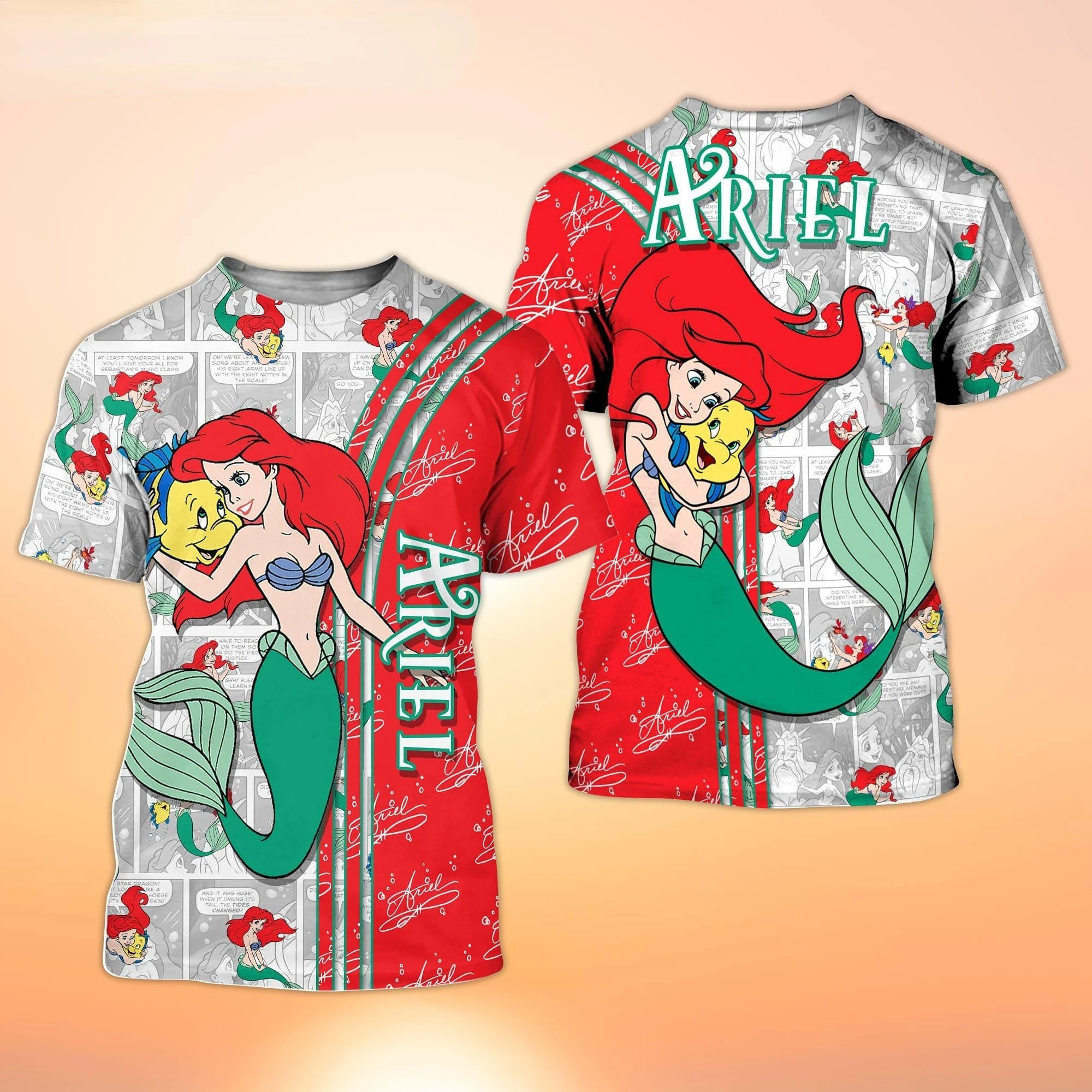 Ariel Princess Red Cross Comic Book Patterns Disney Cartoon 3d T-shirt