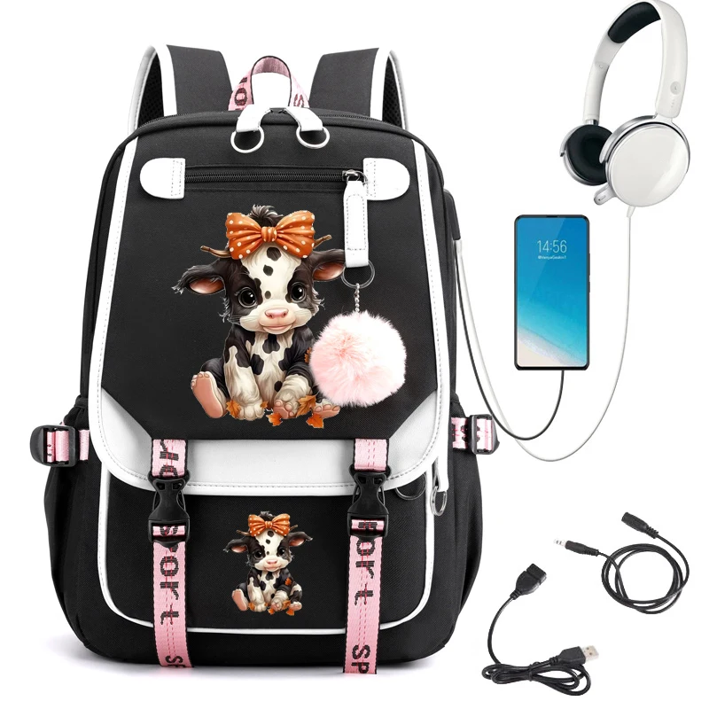 Cowboy Cow School Backpack para Meninas, bonito Bookbag para Mulheres, Estudante, Adolescentes, Bagpack para Laptop, USB, Harajuku