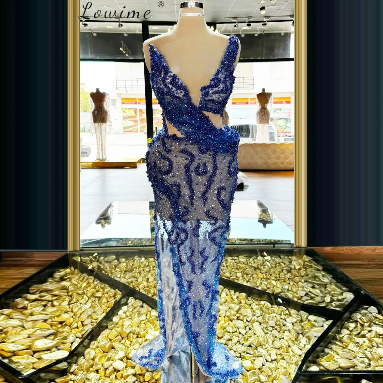 

Customized Blue Slit Crystals Celebrity Dresses Strapless Tulle Beaded Mermaid Formal Evening Pageant Gown