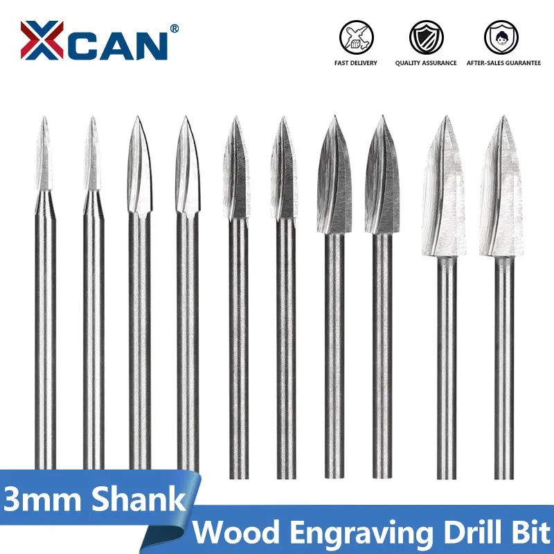 XCAN 10pcs Wood Engraving Bit 3mm Shank 3-8mm Carbide Grinding Burr for Woodworking Tool Drilling Carving Engraving Bit