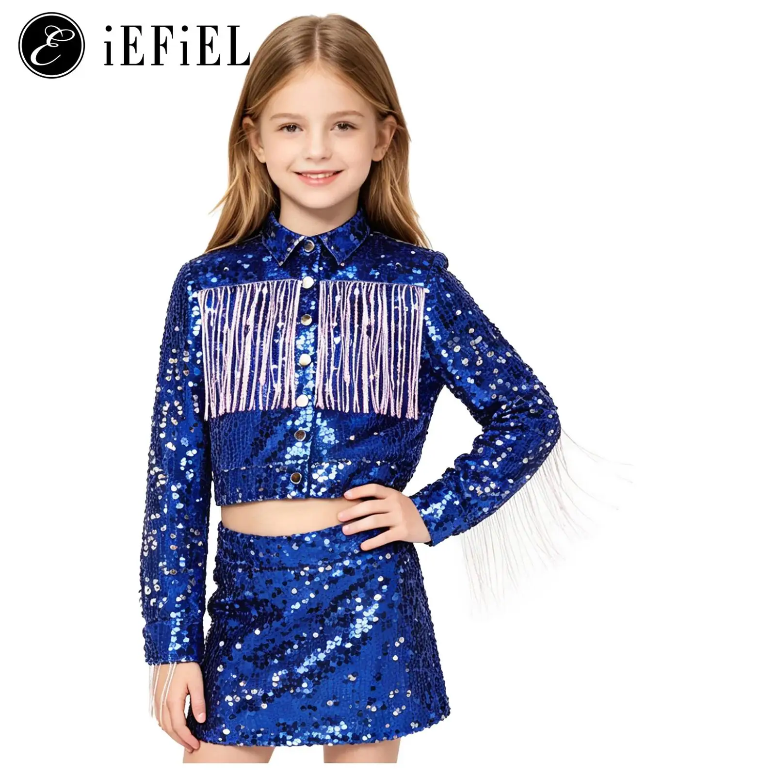 

Kids Girls Allover Sequin Fringed Blazer Crop Jacket Long Sleeve Fringed Tassels Outerwear Disco Hip Hop Jazz Dance Streetwear
