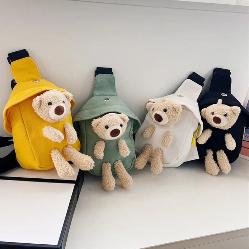 Korean Bear Crossbody Bags Fashion Canvas Chest Bag Outdoor Travel Key Phone Storage Bags Cute Doll Shoulder Bags Girl Backpack