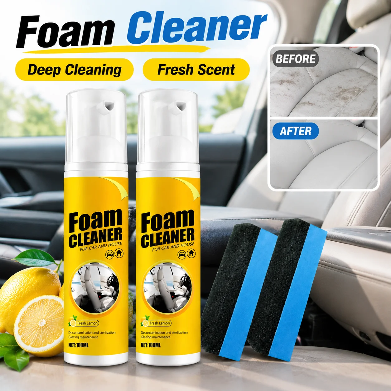 Multipurpose Foam Cleaner Spray, 2 Pack 100ML Car & Household Foaming Cleaner with Cleaning Sponges, Lemon Scent Stain Remover for Car Interior, Sofa, Leather, Kitchen Surfaces