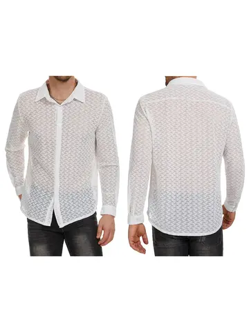 Men s Mesh Panel Shirt with Sheer Lace Detailing and Lapel Neckline Long Sleeve Button-up Top for Casual Streetwear Fashion