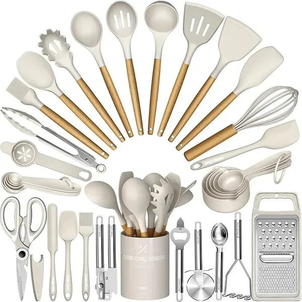 Chef Silicone Kitchen Utensil Set, 34PCS Heat Resistant Kitchen Gadgets and Tools With Grater, Wood Handles for Nonstick Cookwar