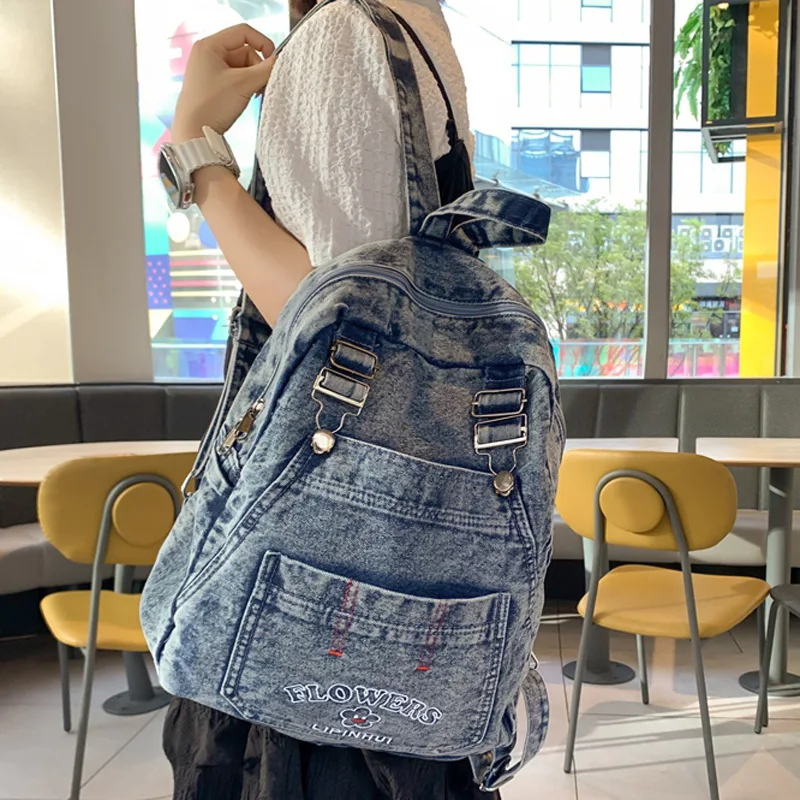 2025 Japanese Style Washed Vintage Denim Backpack Man Woman Outdoor Travel Backpack Large-capacity Kawaii School Bag