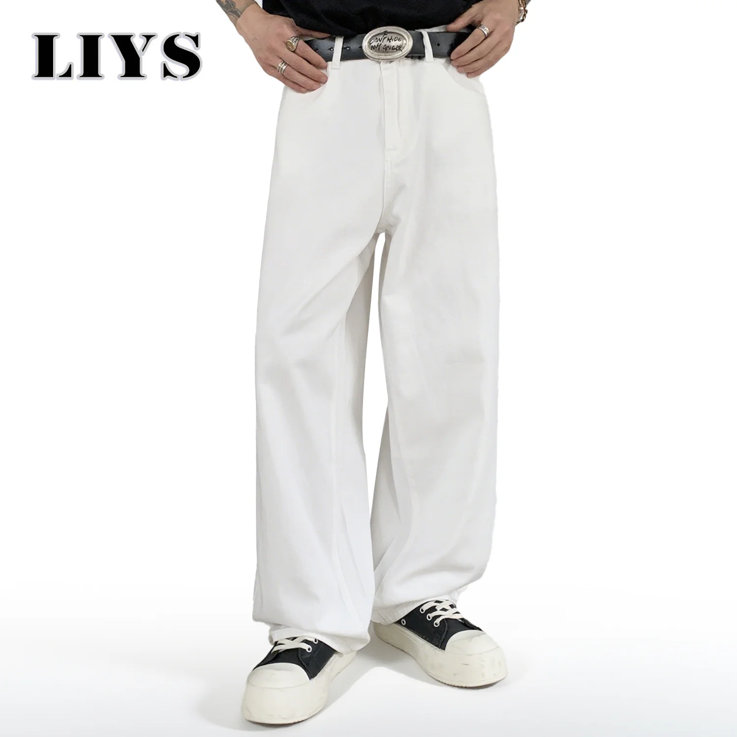 ตรงกางเกงยีนส์ผู้ชายสีขาวหลวมกางเกงยีนส์Unisex Trend Neutralกางเกงยีนส์ผู้ชายBaggyสบายๆกางเกงผู้หญิงHip Hopกางเกงยีนส์