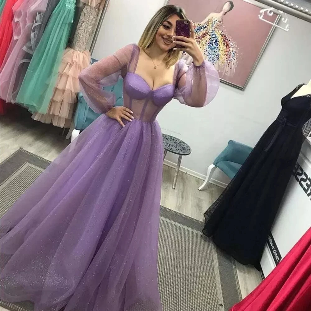 

ANGELSBRIDEP Glittering Lavender Tulle Prom Dresses Corset Sexy Illusion Party Dress Long Puff Sleeves Sweetheart Evening Gowns