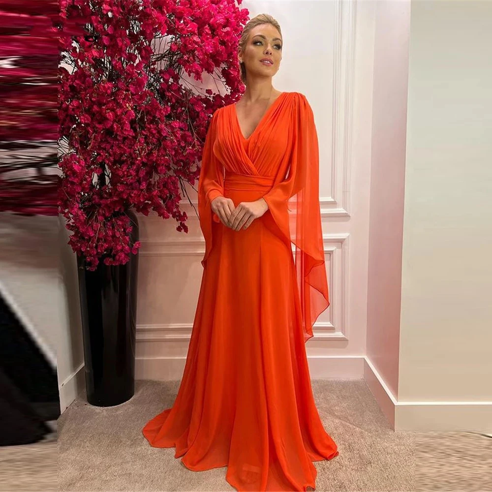 

Simple A Line Orange Chiffon Evening Dress 2022 V-Neck Puffy Long Sleeve Backless Women Prom Formal Gowns Robe De Soiree