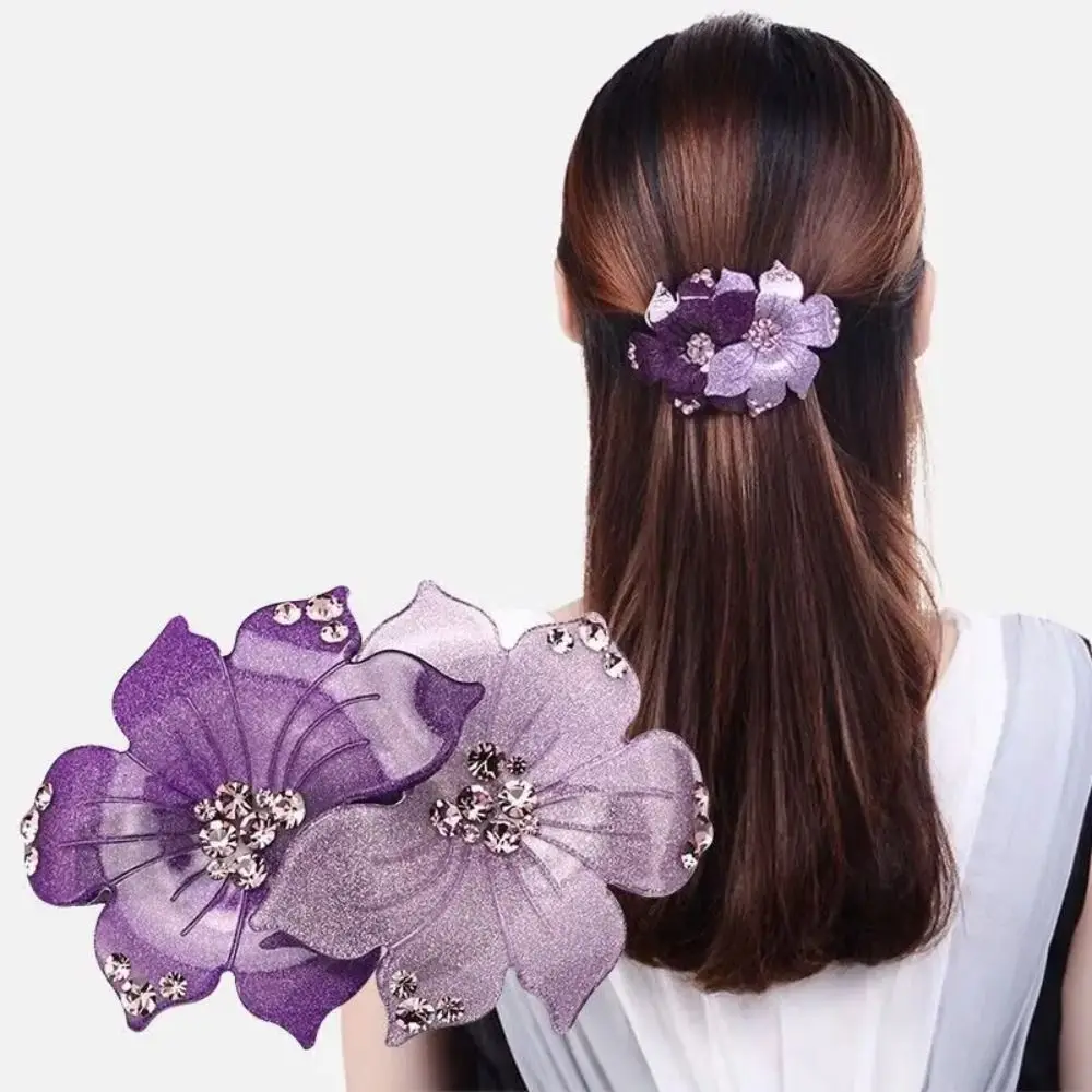 Elegant Violet Flower Crystal Spring Hairpin Acrylic Rhinestone Hair Clip Hair Accessories Hair Clamp Women Headwear