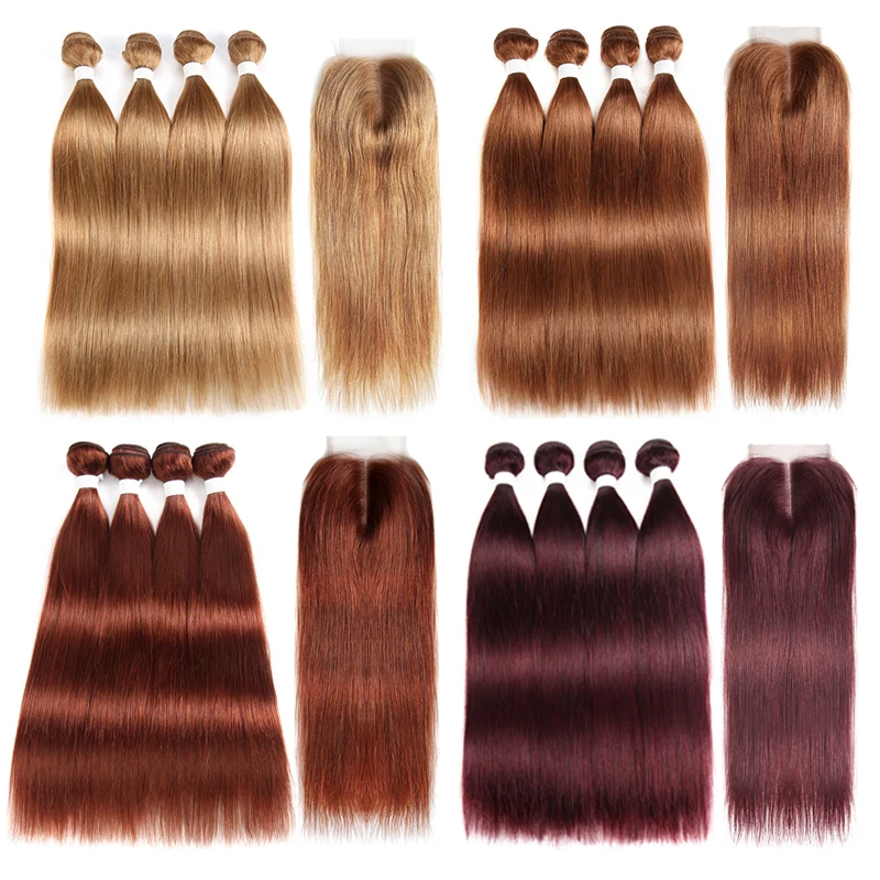 Straight Human Hair Bundles With Closure Blonde Brown Colored 100% Human Hair Weave Bundles With Closure Brazilian Remy Hair