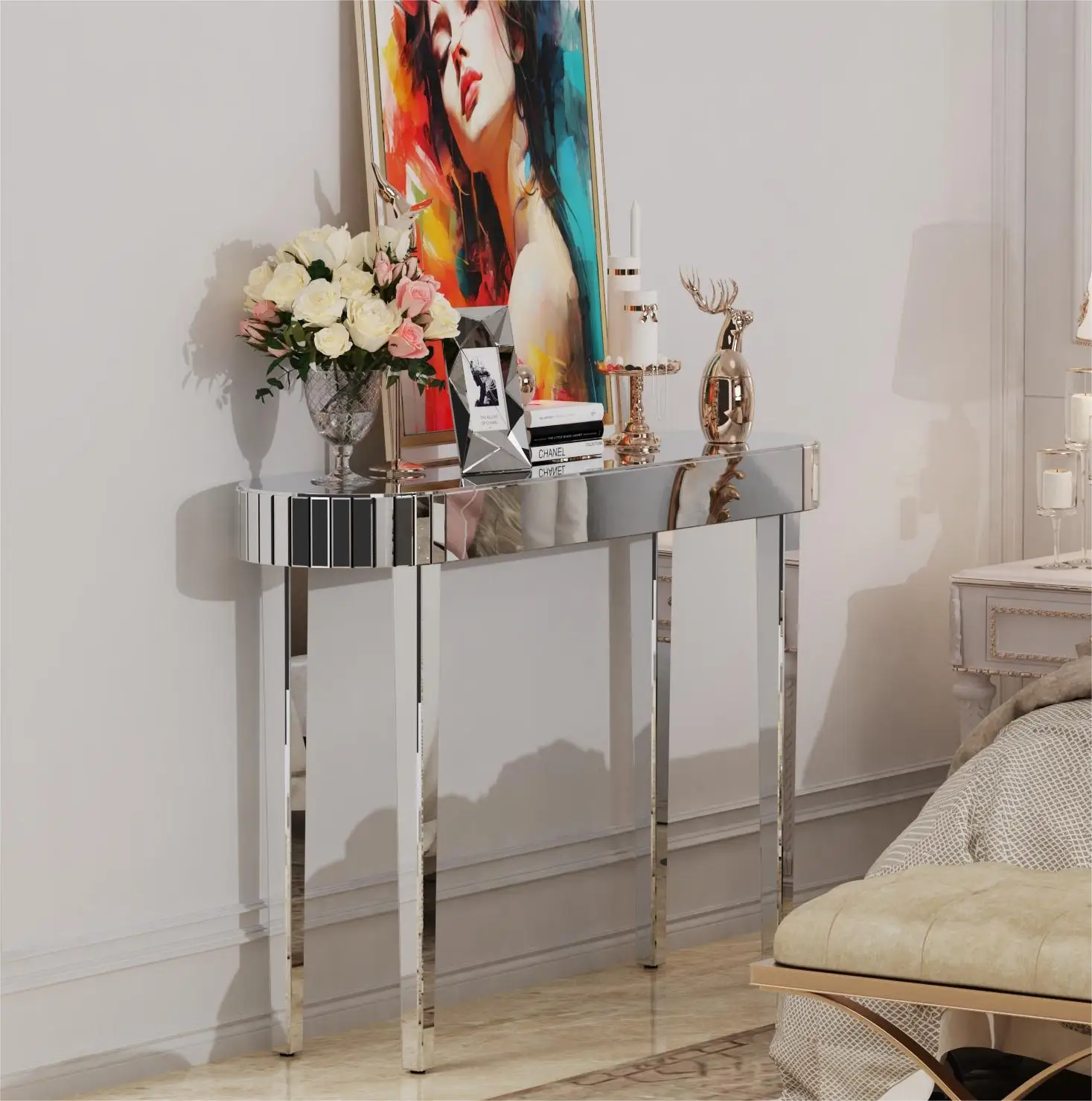 Ultra Long Silver Mirrored Entry Console Table Vanity Table Versatile Furniture Bedroom Hall Display Desk