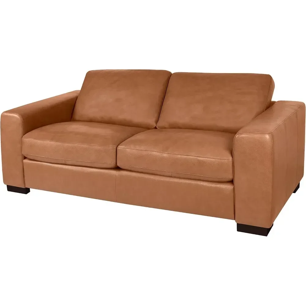 Genuine Leather Loveseat Sofa - Luxurious Comfort, Goose Feather Cushion Filling, Square Arm Design, Sturdy Block Legs