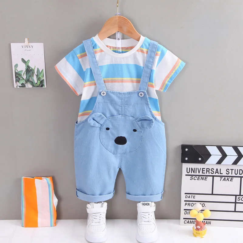 Boys short-sleeved suit new summer style casual striped bear face back shorts short-sleeved two-piece fashion