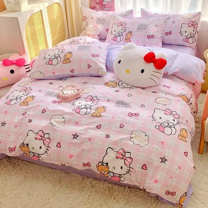 Sanrio Hello Kitty Bedding Set Cute Cotton Four Piece Double Queen Size  Bed Linens Pillowcase Girl Dorm Bedclothes Home