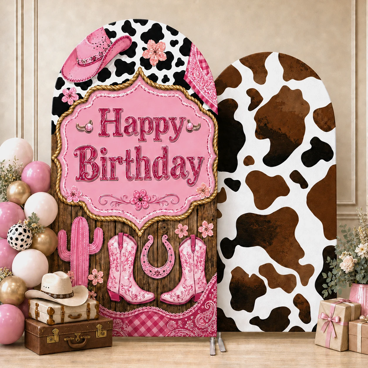 

Pink Cowgirl Happy Birthday Arch Backdrop Cover Western Cow Print Cowboy Boots Cactus Elastic Fabric Girl Birthday Party Decor