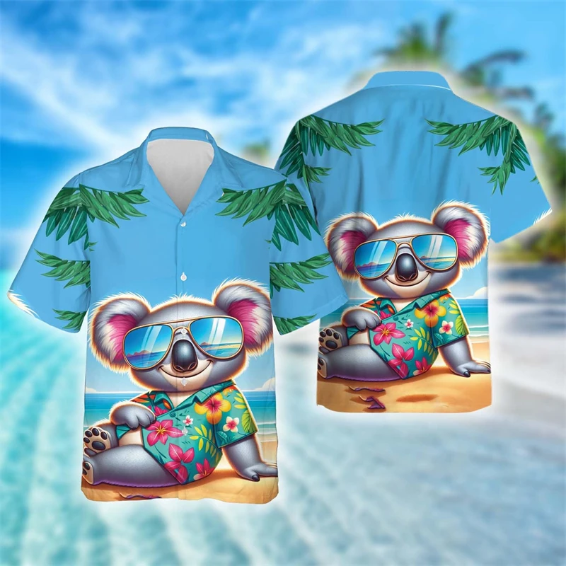 

Cute Koala Bear Graphic Beach Shirts Funny Kawaii Design Lapel Blouse Hawaiian Aloha Vacation Women Blouses Australi Animal Tops