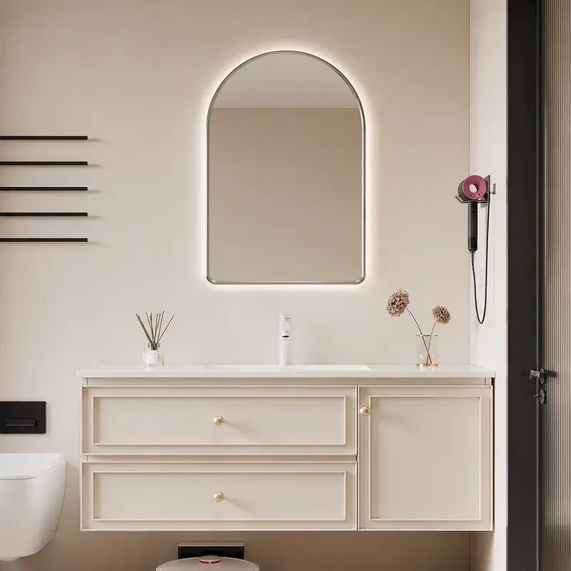 Slate Seamless Ceramic Integrated Basin Oak Bathroom Cabinet Cream Style Wall Mounted Vanity Unit with Toilet Washstand