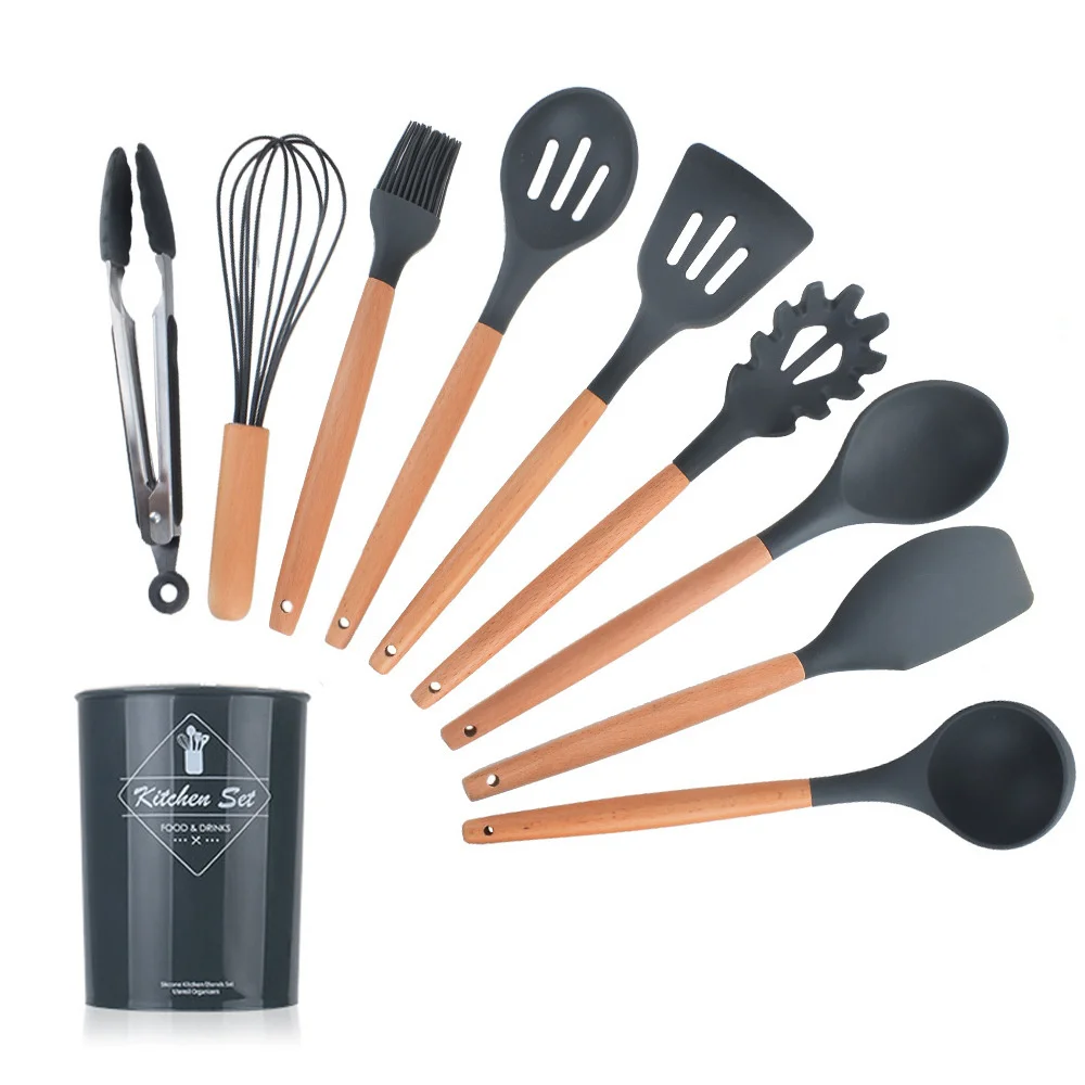 

9/11PCS Silicone Kitchenware Utensils Set Non-stick Cookware Spatula Shovel Egg Beaters Wooden Handle Kitchen Cooking Tool Set